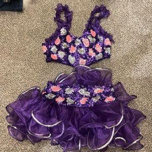 Purple sequin two piece costume with pink flowers and purple ruffles! Size SA